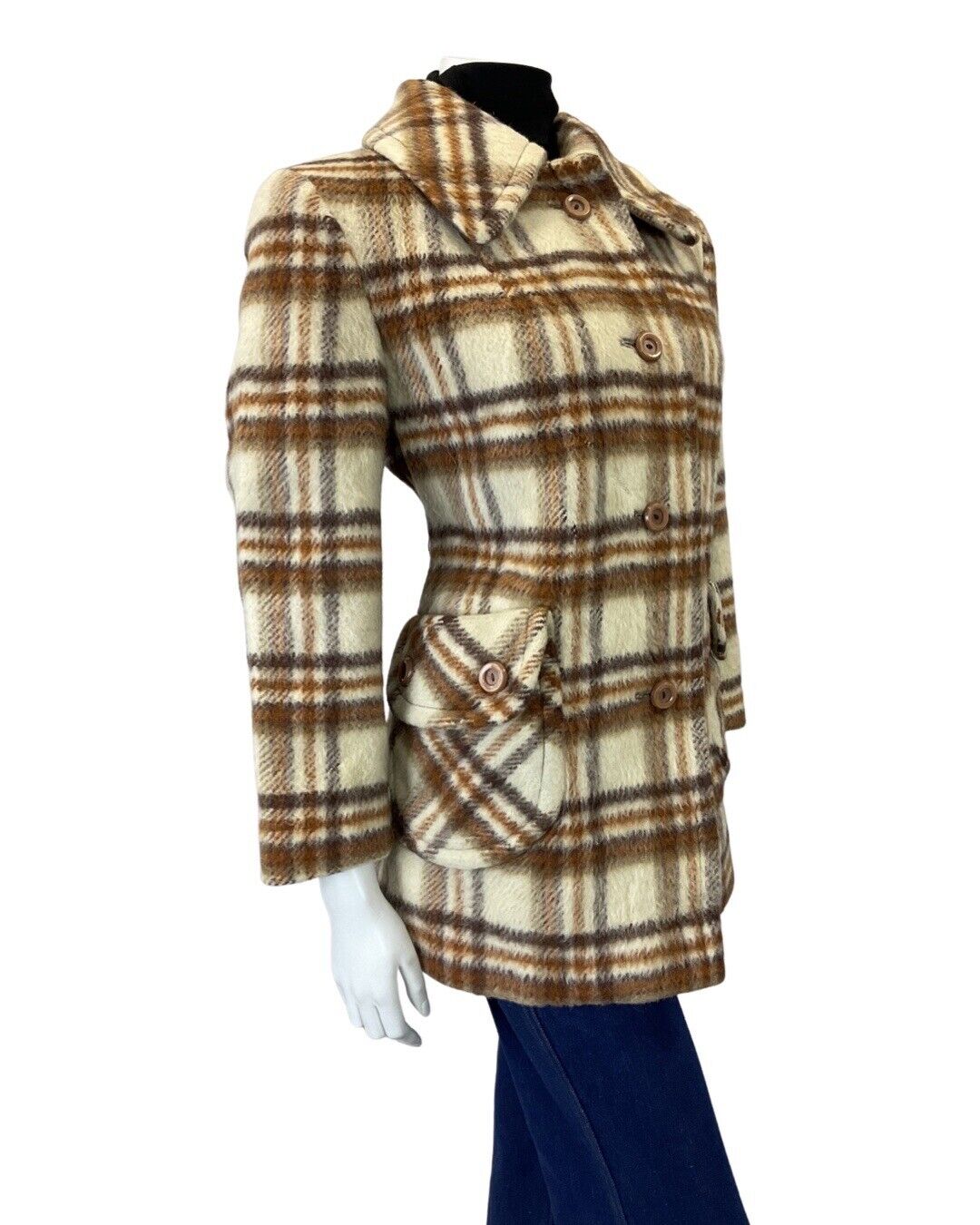 VINTAGE 60s 70s CREAM BROWN PLAID CHECKED MOD SPOON COLLAR WOOL COAT 14 16