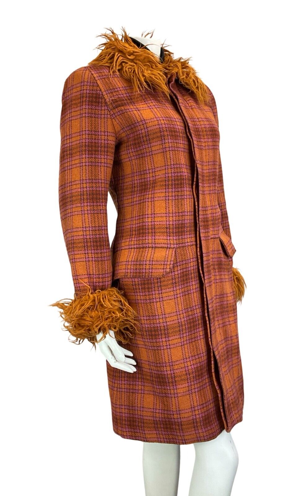 VTG 60S MOD PINK ORANGE FAUX FUR CHECKED TARTAN COAT SIZE 10 12