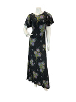 VTG 60s 70s BLACK MULTICOLOUR FLORAL BUTTERFLY SLEEVE MAXI DRESS 8