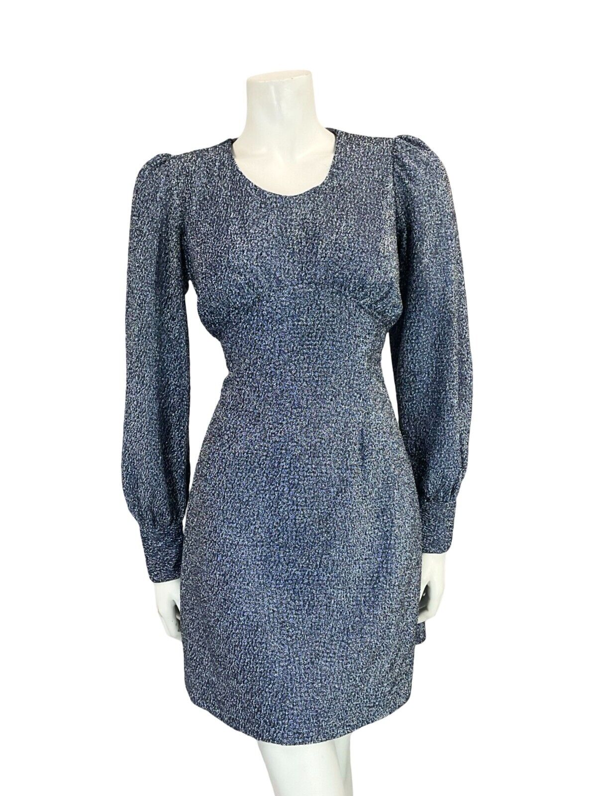 VTG 70S DISCO BLUE LUREX BISHOP SLEEVE TIE WAIST PARTY GLITTERY DRESS SIZE 6 8