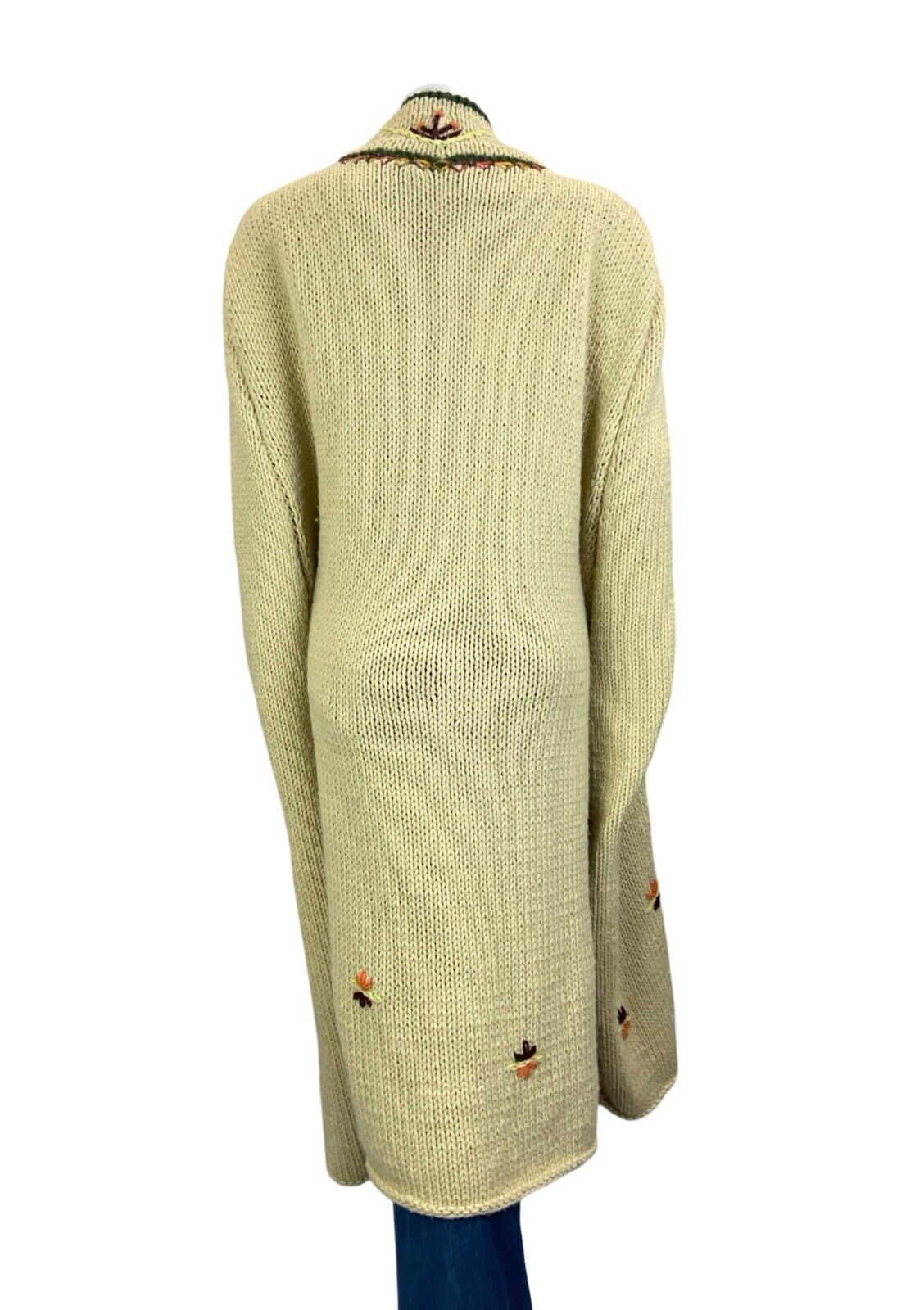 VTG 70S NORDIC CREAM GREEN BURGUNDY FLORA HAND KNIT CAPE CARDIGAN FREE SIZE L XL