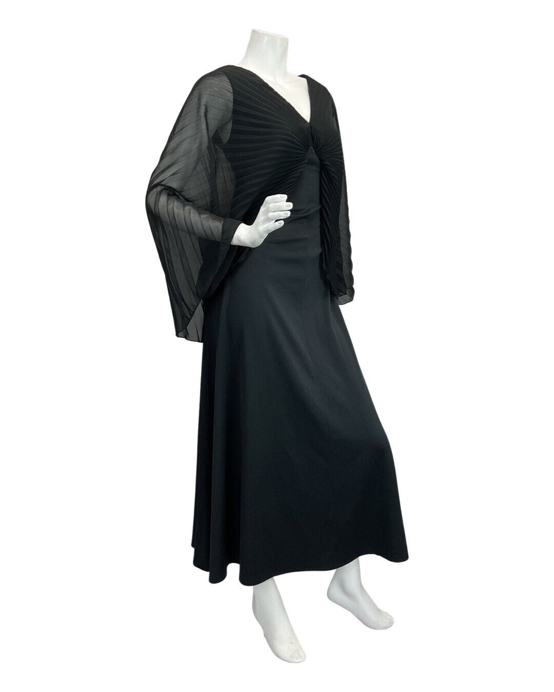 VINTAGE 60s 70s BLACK PLEATED CAPE SLEEVE EVENING ELEGANT GOWN MAXI DRESS 10 12