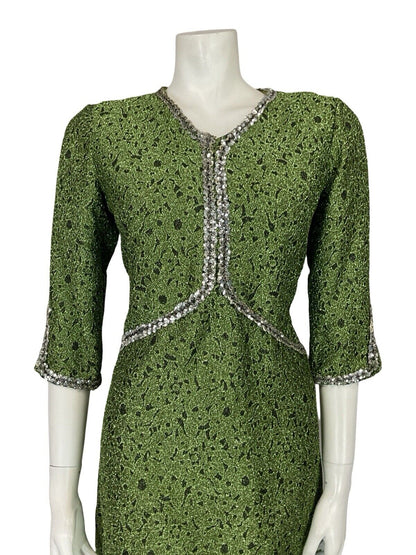 VTG 60S V NECK HALF SLEEVE GREEN SILVER SEQUIN  LUREX PARTY MINI DRESS 10