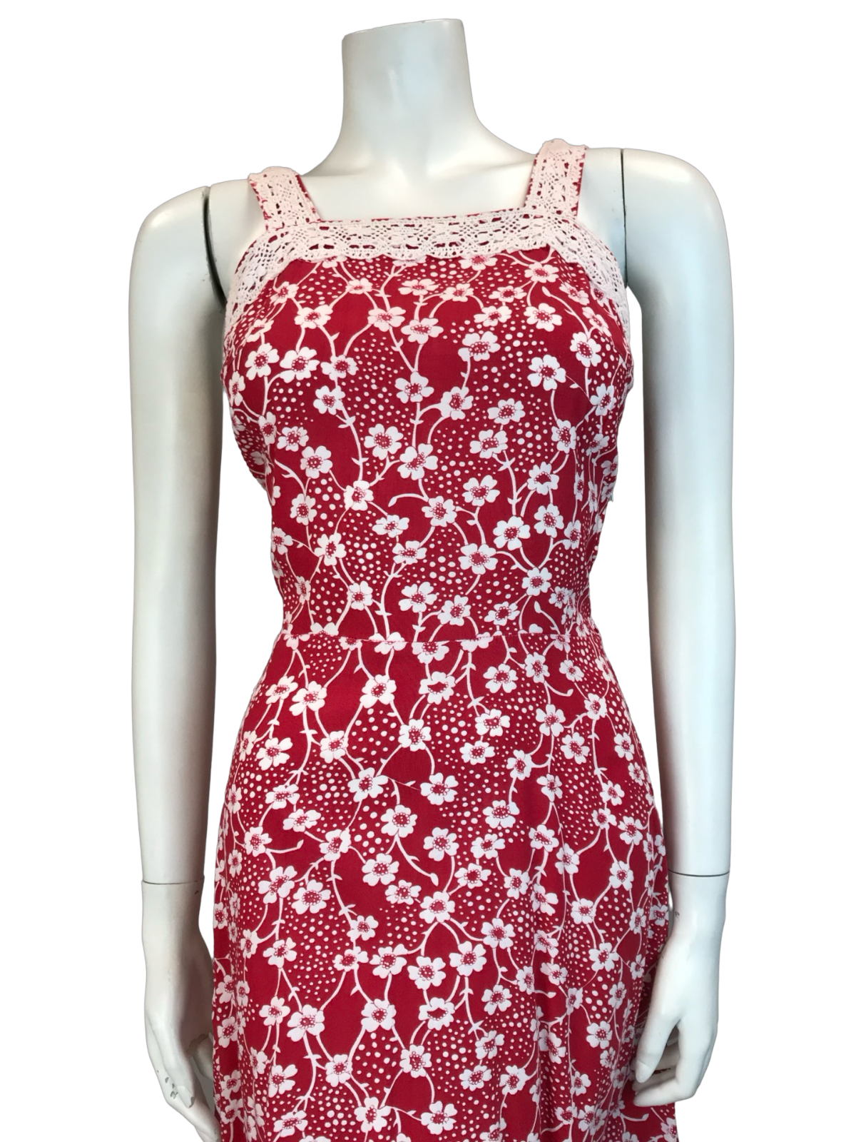 VTG 70S RED WHITE FOLK COTTON FLORAL CROCHET SUMMER SUN DRESS 10 12