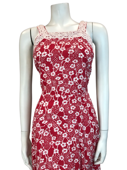 VTG 70S RED WHITE FOLK COTTON FLORAL CROCHET SUMMER SUN DRESS 10 12