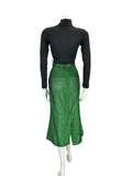 VTG 70S EMERALD GREEN GLITTERY LUREX MIDI SKIRT WITH SLIT SIZE 14