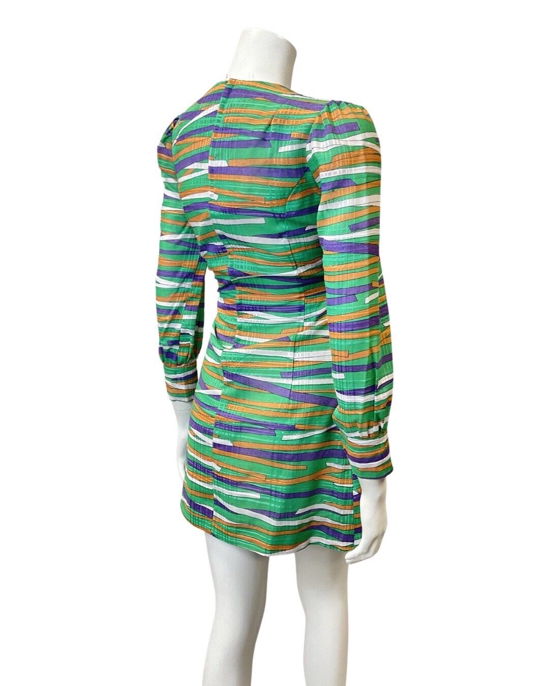 VINTAGE 60s 90s GREEN PURPLE ORANGE STRIPED LONGSLEEVE MOD MINI DRESS 8 10