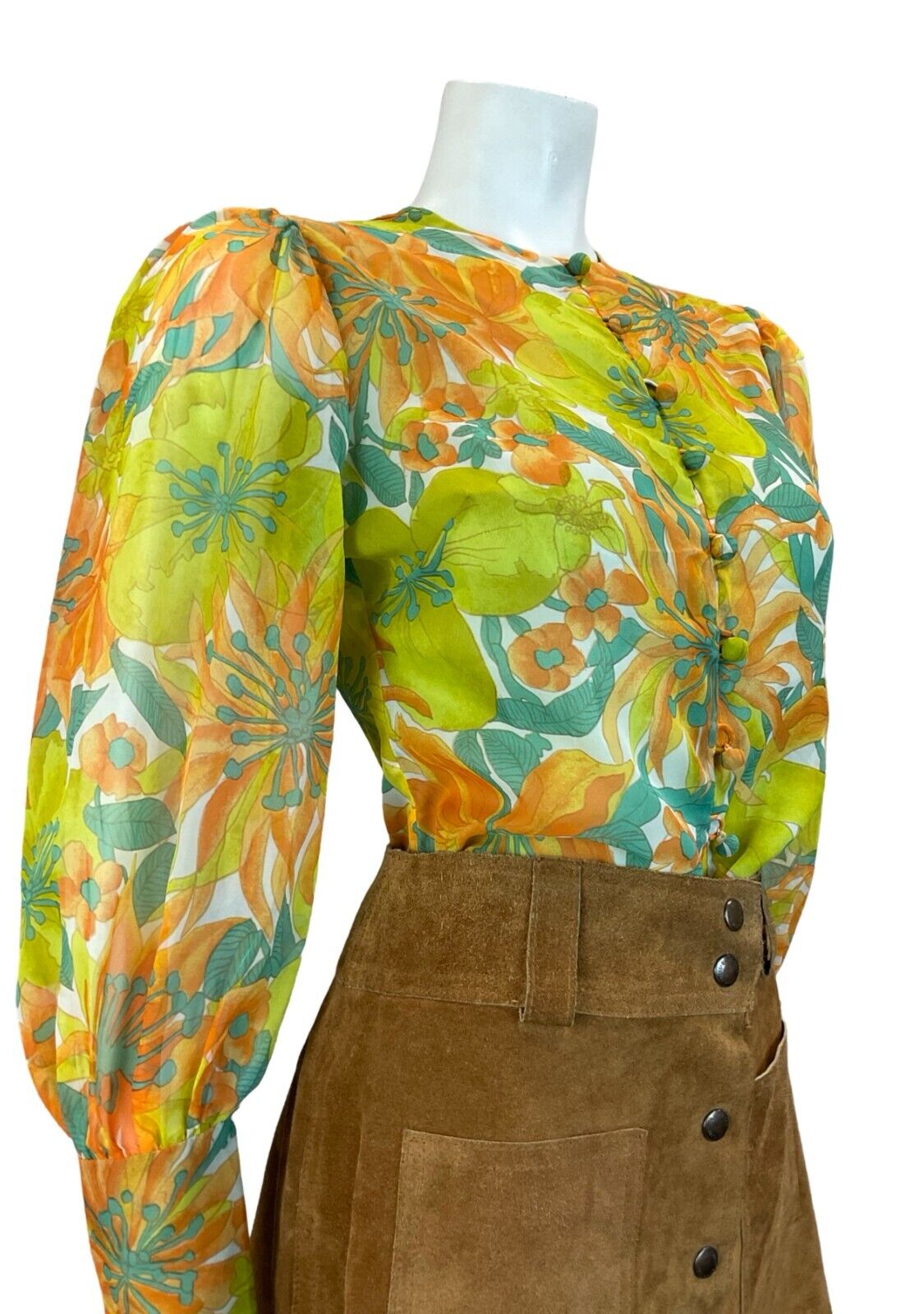 VTG 60S 70S GREEN ORANGE PSYCHDELIC FLORAL BISHOP SLEEVE BLOUSE SIZE 10 12