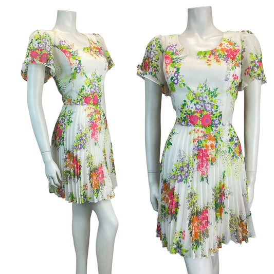 VTG 70S SPRING SUMMER SUN FLORAL CAPE SLEEVE MINI DRESS 10 12