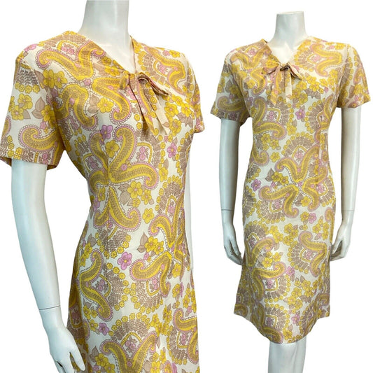 VTG 60S MOD SCOOTER SECRETARY PAISLEY MINI SHIFT DRESS PINK YELLOW WHITE 14 16