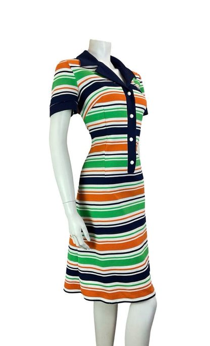 VTG 60S 70S STRIPED NAVY BLUE WHITE ORANGE GREEN JOHHNY COLLAR SHIRT DRESS 14 16