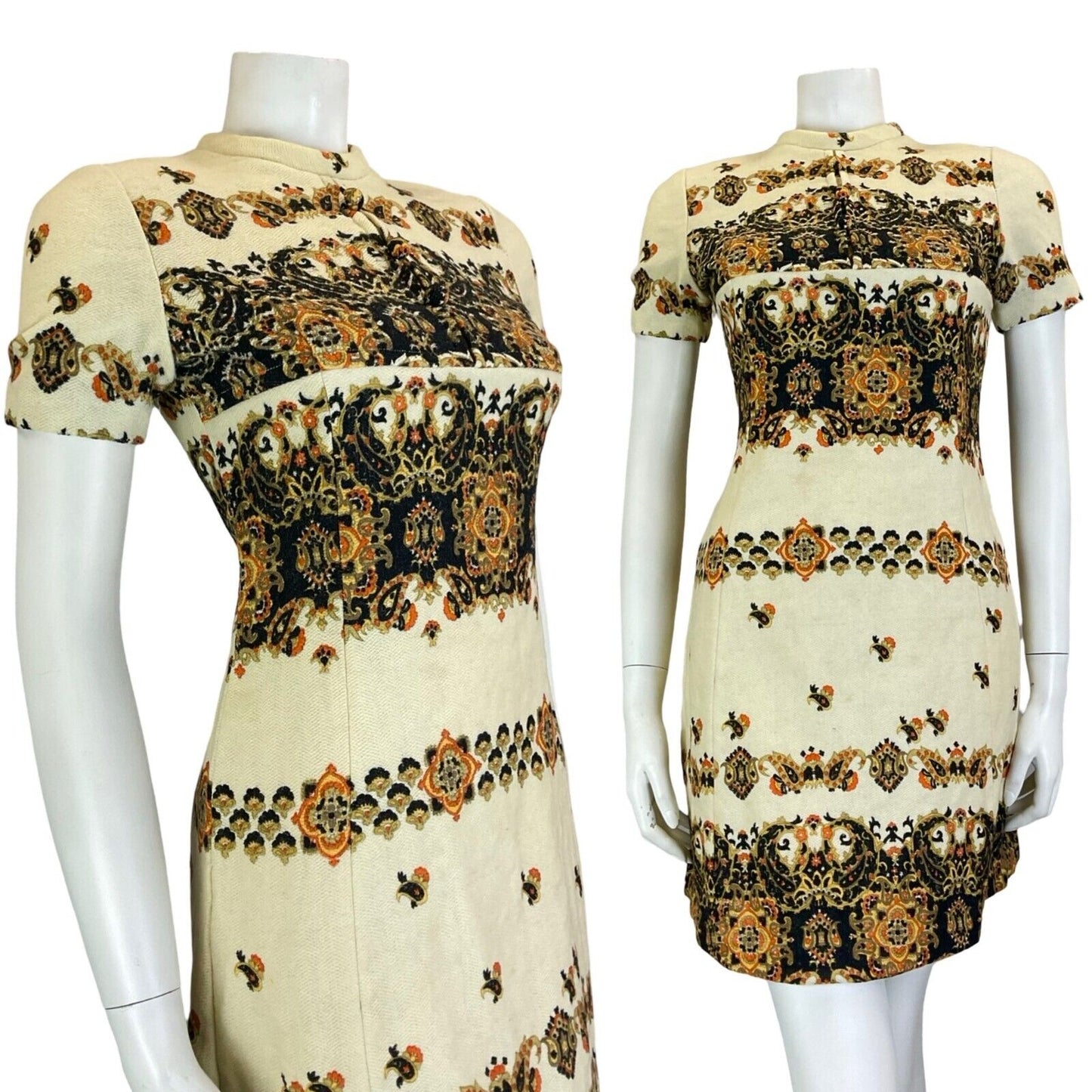 VTG 60S PAISLEY HIPPY MOD CREAM BLACK ORANGE WOOL SHORT SLEEVE SHIFT DRESS SIZE6