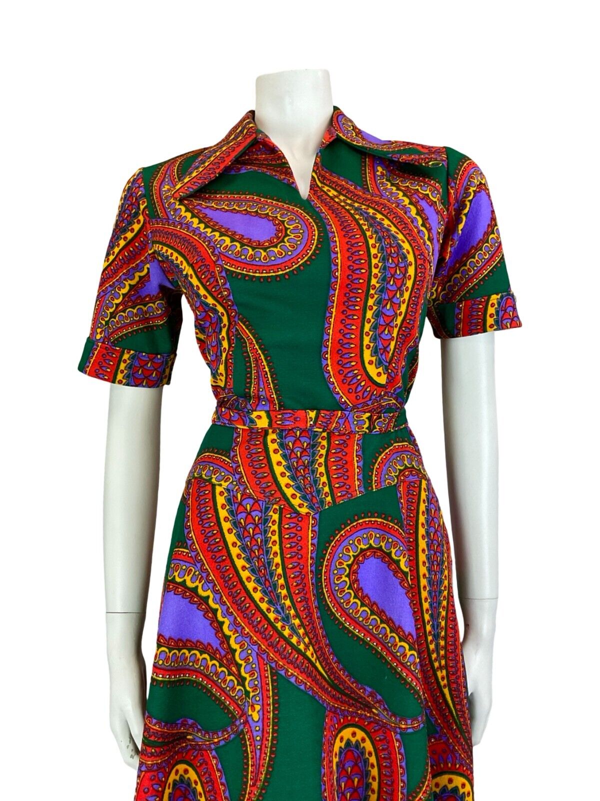 VTG 60S 70S BEAGLE COLLAR PSYCHEDELIC PAISLEY GREEN PURPLE RED SHIRT DRESS 12 14