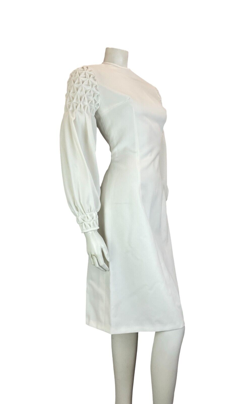 VTG 60S WHITE SMOCKING BALLOON SLEEVES ROUNDED NECKLINE BRIDAL DRESS 10