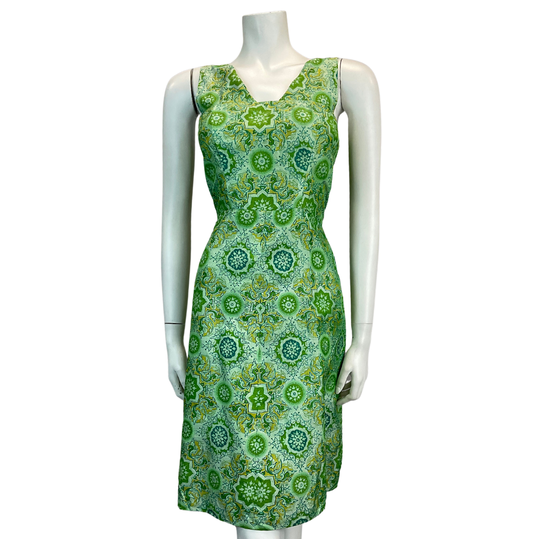 VINTAGE 60s 70s GREEN GEOMETRIC TRIPPY PATTERN MINI DRESS 10