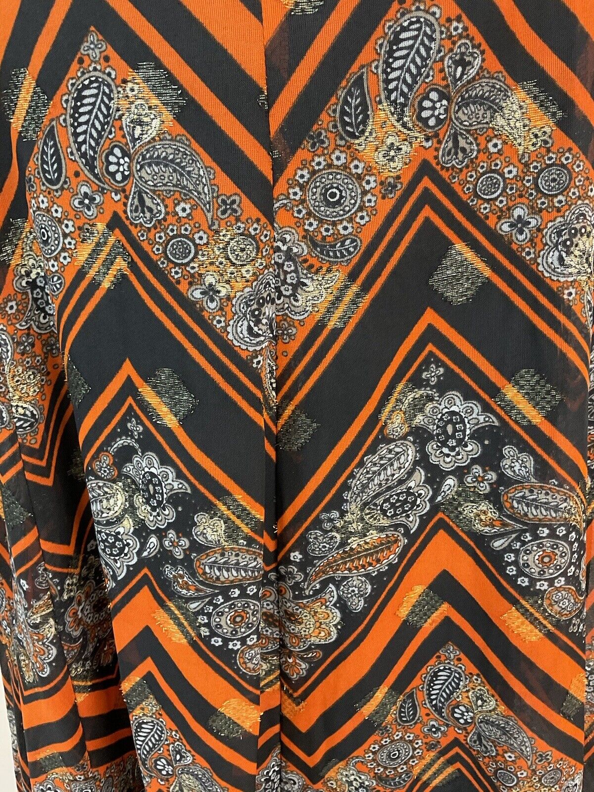 VTG 60S 70S ORANGE BLACK PAISLEY CHEVRON STRIPED FORMAL MAXI DRESS 12