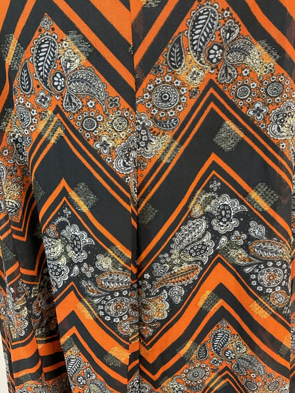 VTG 60S 70S ORANGE BLACK PAISLEY CHEVRON STRIPED FORMAL MAXI DRESS 12