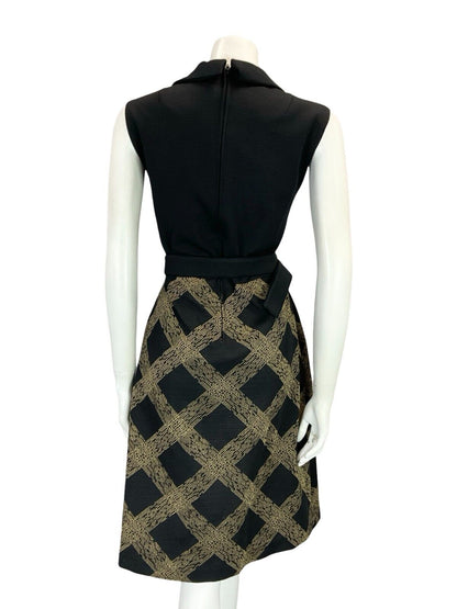 VTG 60S 70S BLACK GOLD CHECKED BELTED WING COLLAR SLEEVELESS SHRT DRESS 14 16