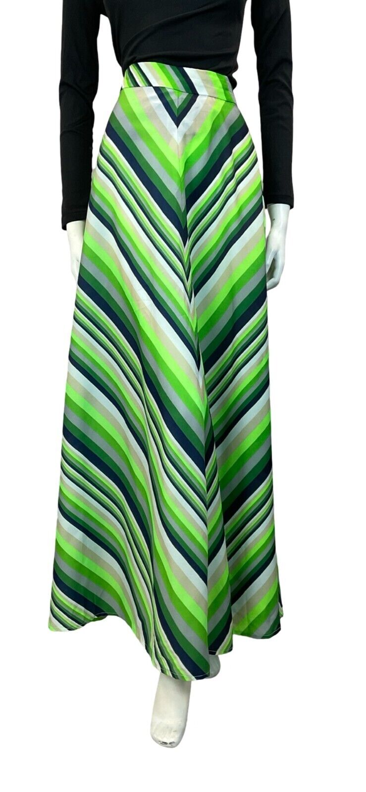 VTG 70S BRIGHT GREEN NAVY BLUE GREY STRIPED PATTERN MAXI SKIRT 12