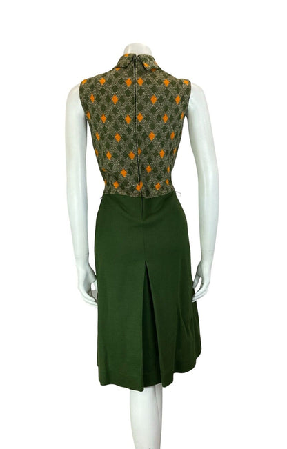 VTG 60S 70S DARK GREEN ORANGE DIAMOND CHECKED SLEEVELESS MIDI DRESS SIZE S 8 10