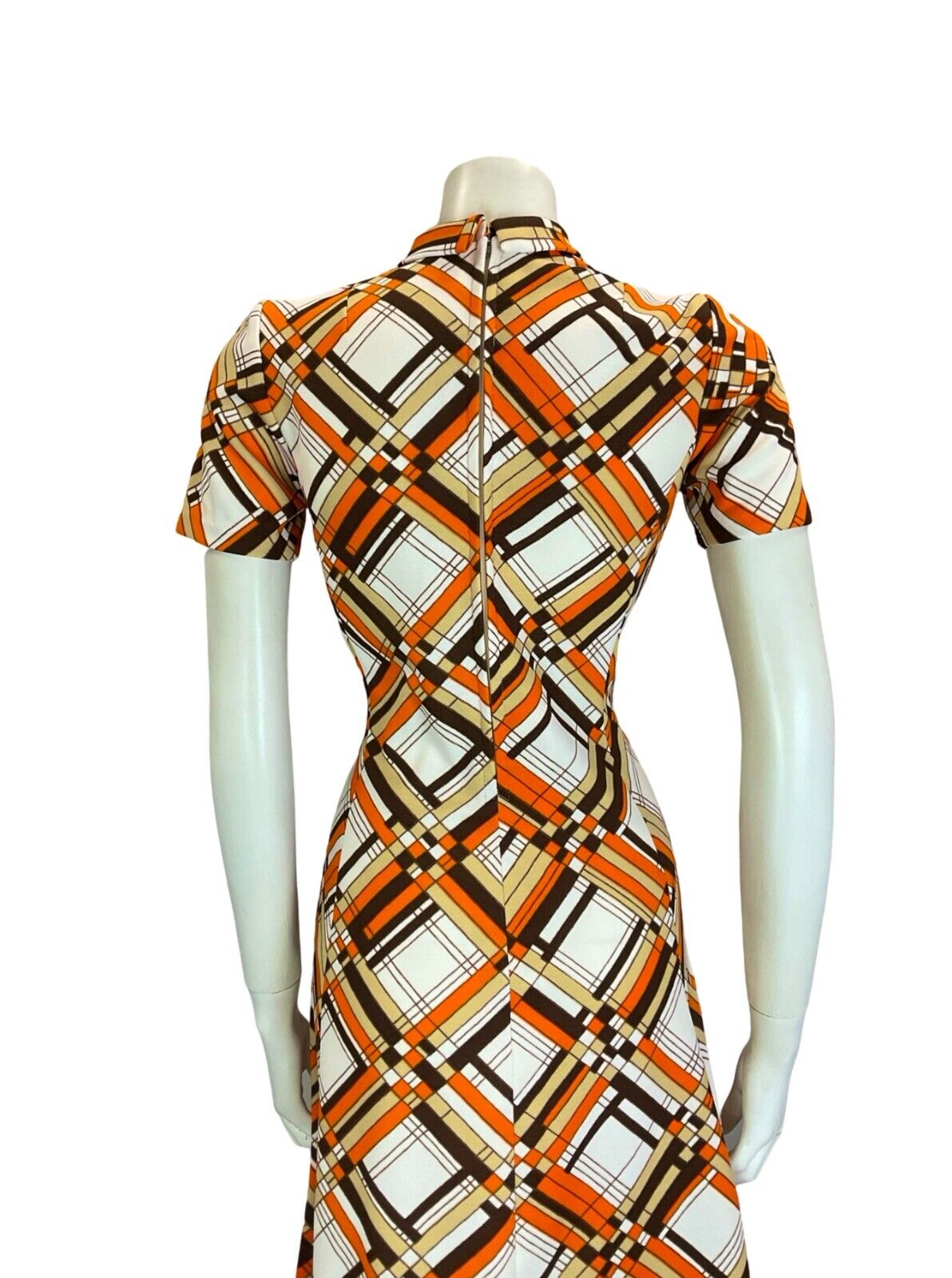 VTG 60S ORANGE WHITE BROWN MOD ROUNDED COLLAR SHORT SLEEVE MIDI DRESS SIZE 10