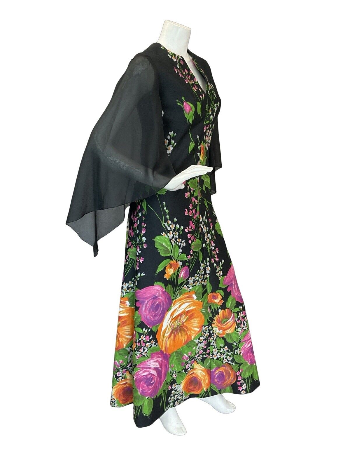 VTG 70S FLORAL CAPE SLEEVE MAXI DRESS WEDDING BLACK GREEN PINK ORANGE 6 8