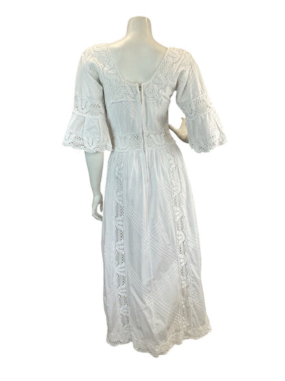 VTG 60s 70s WHITE COTTON BRODERIE LACE PRAIRIE BOHO WEDDING MAXI DRESS 6 8