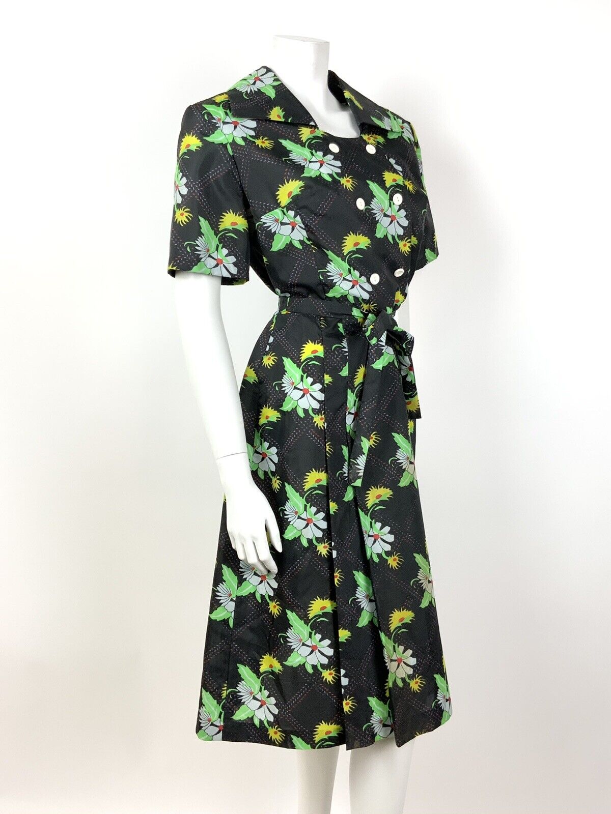 VINTAGE 60s 70s BLACK GREEN YELLOW WHITE CHECKED FLORAL BELTED SWING DRESS 14 16