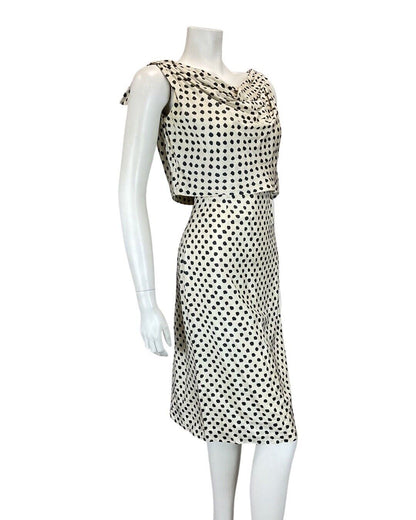 VINTAGE 60s IVORY BLACK POLKA-DOT PIERRE BALMAIN BY TORELLA WIGGLE DRESS 10 12