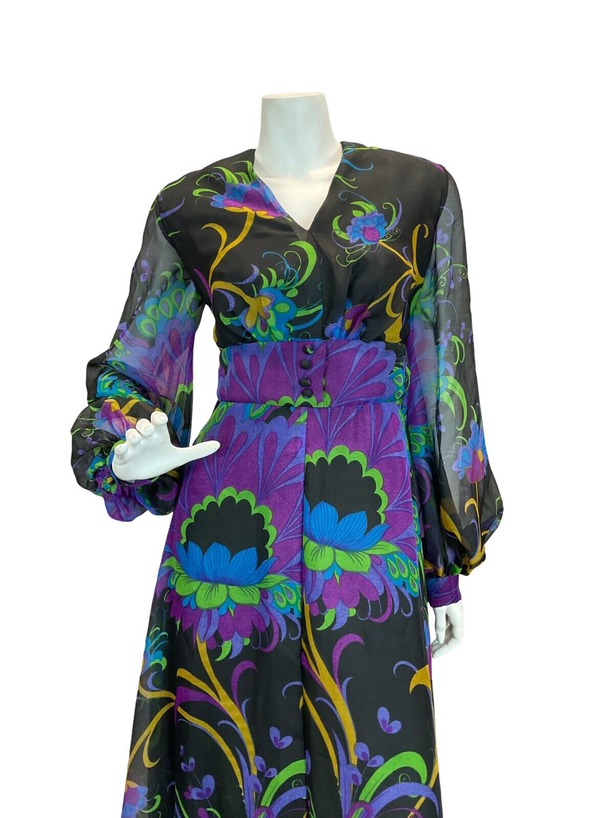 VTG 70S WEDDING PSYCHEDELIC FLORAL PURPLE GREEN BLACK BLUE MAXI DRESS 10 12