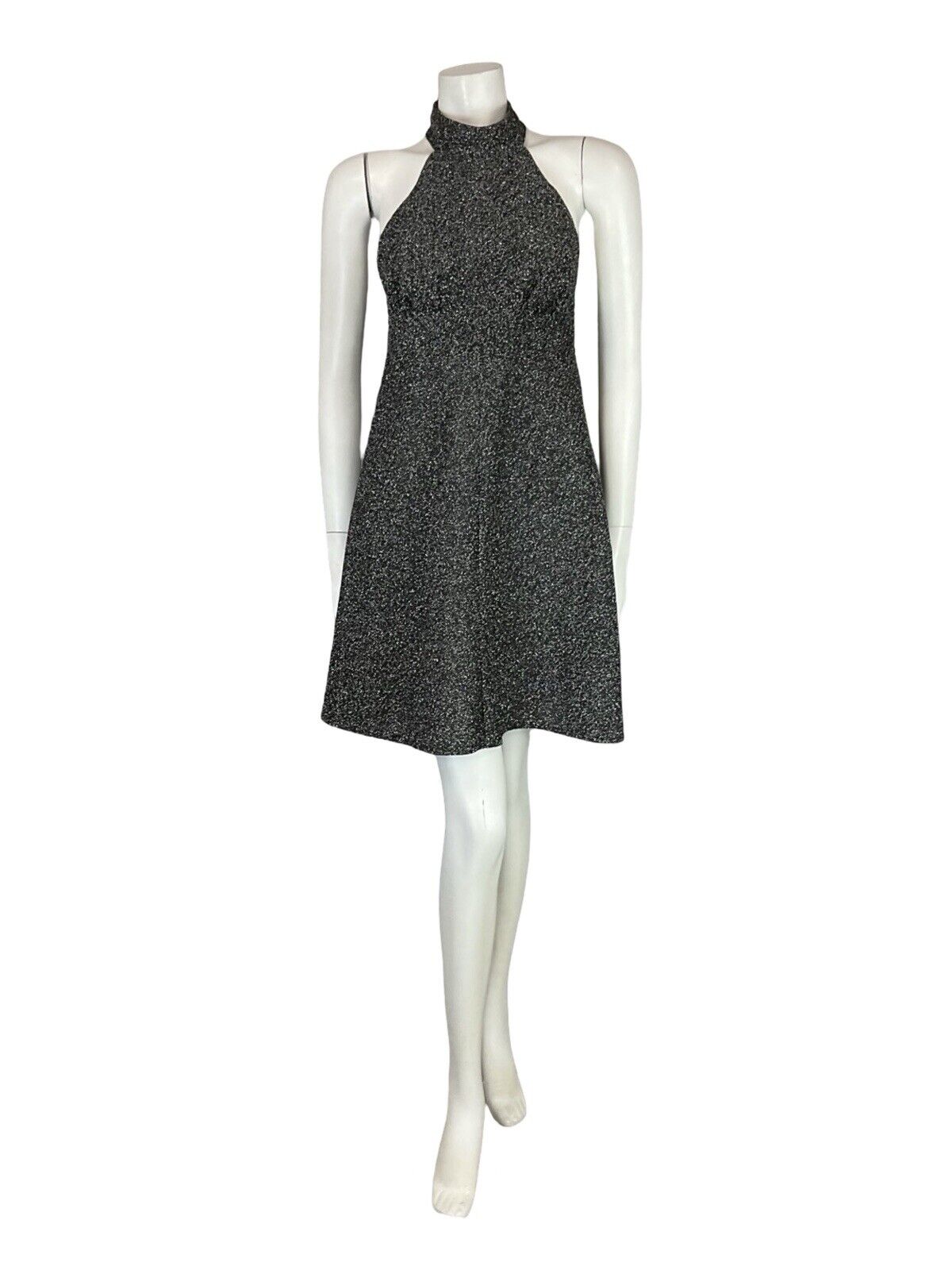 VTG 70S STUDIO 54 SILVER LUREX HALTER NECK FLARE DISCO PARTY MINI DRESS 8