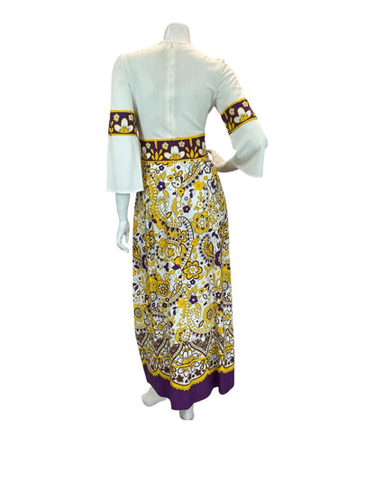 VTG 70S PURPLE YELLOW WHITE HIPPY FESTIVAL PAISLEY FLORAL MAXI DRESS 8 10