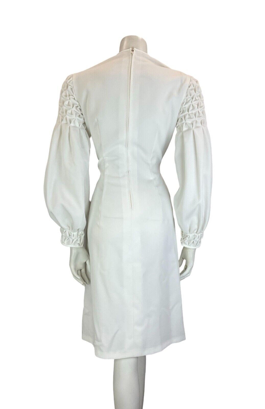 VTG 60S WHITE SMOCKING BALLOON SLEEVES ROUNDED NECKLINE BRIDAL DRESS 10