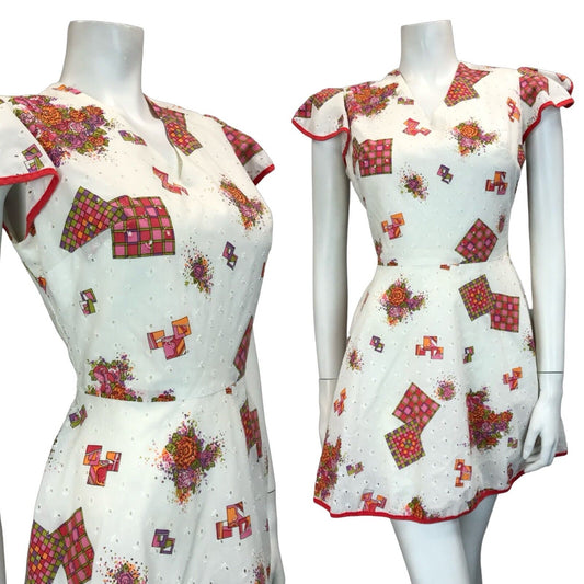 VTG 60S 70S FLORAL GEOMTRIC WHITE RED PINK ANGEL SLEEVE MINI DRESS SIZE 10