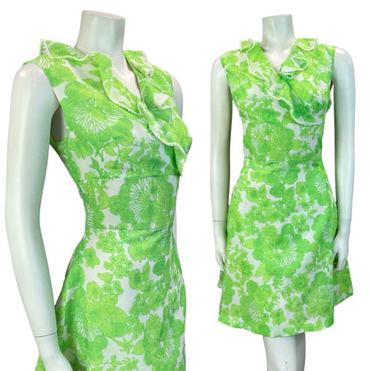 VTG 60S 70S FLORAL WRAP RUFFLE MOD MINI DRESS GREEN WHITE 10