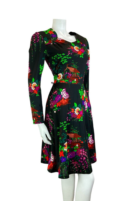 VTG 70S BETTY BARCLAY FLORAL COTTAGE BLACK PINK GREEN SWEETHEART MIDI DRESS S