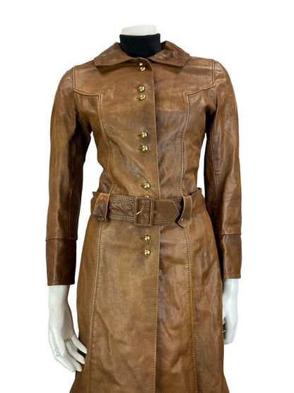 VTG 60S MILITARY TRENCH STYLE BELTED BROWN LEATHER JACKET SIZE 10