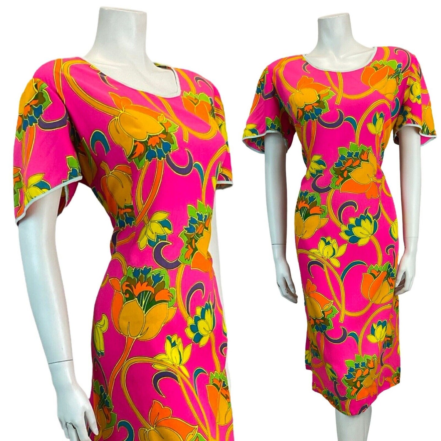 VTG 60S 70S VIVID PSYCHEDELIC FLORAL SHIFT MIDI DRESS 12 14 16 18 20