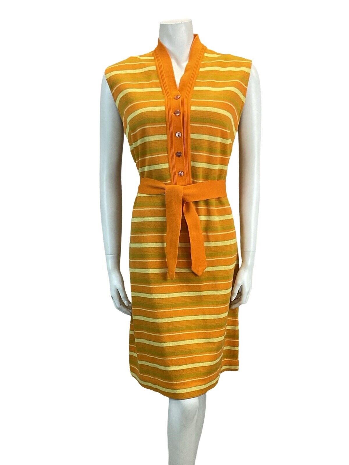 VTG 60S MOD GOGO SCOOTER STRIPED JACQUARD MINI DRESS ORANGE YELLOW 12 14 16