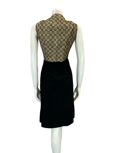 VTG 60S MOD BLACK GOLD FLORAL LUREX BROCADE PARTY SLEEVELESS MINI DRESS 16