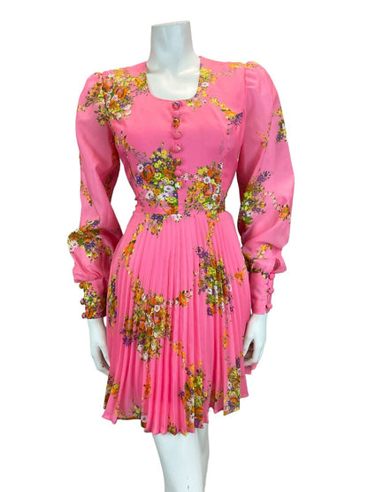 VTG 70S DOLLY PINK FLORAL WEDDING PARTY MINI DRESS ORANGE PURPLE 10 12