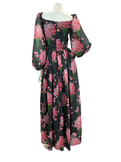 VT 70S ROMANTIC BLACK PINK FLORAL WEDDING PARTY MAXI DRESS 8 10