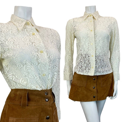 VTG 60S 70S FLORAL COTTON LACE LONG SLEEVE SHIRT SIZE 10