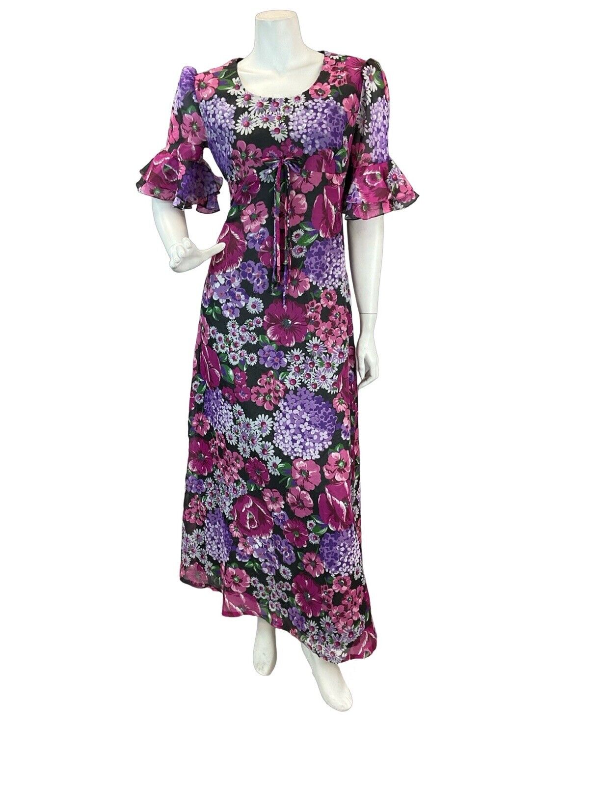 VTG 70S FLORAL BELL SLEEVE RUFFLE MAXI DRESS PINK PURPLE WHITE BLACK 10 12