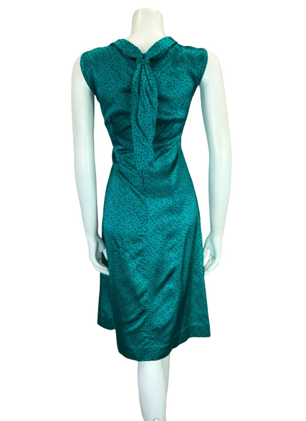 VTG 60S TEAL BLUE BLACK DOTTY SHINY TIE NECK SLEEVELESS OCCASION DRESS 12