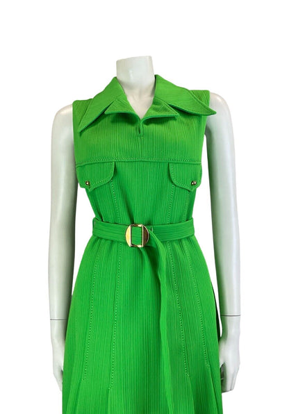 VTG 60S 70S BRIGHT GREEN STRIPED JOHHNY COLLAR SLEEVELESS BELTED SHIRT DRESS 10