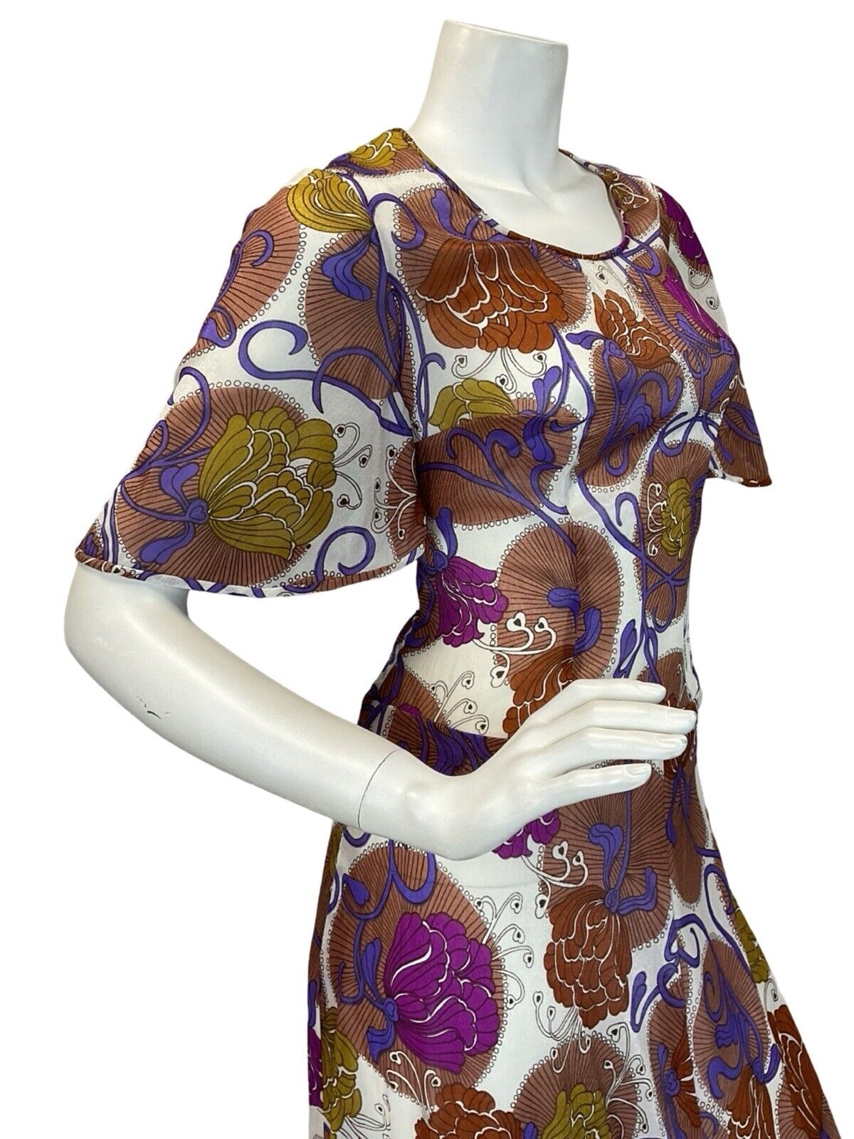 VTG 60s 70s  TRIPPY FLORAL PATTERN MULTICOLOUR BUTTERFLY SLEEVE MAXI DRESS 12