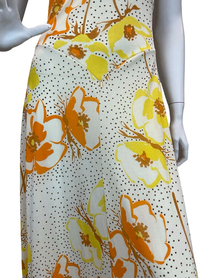 VTG 70S CREAM ORANGE YELLOW FLORAL SUMMER SUN SHEER MAXI DRESS 8 10