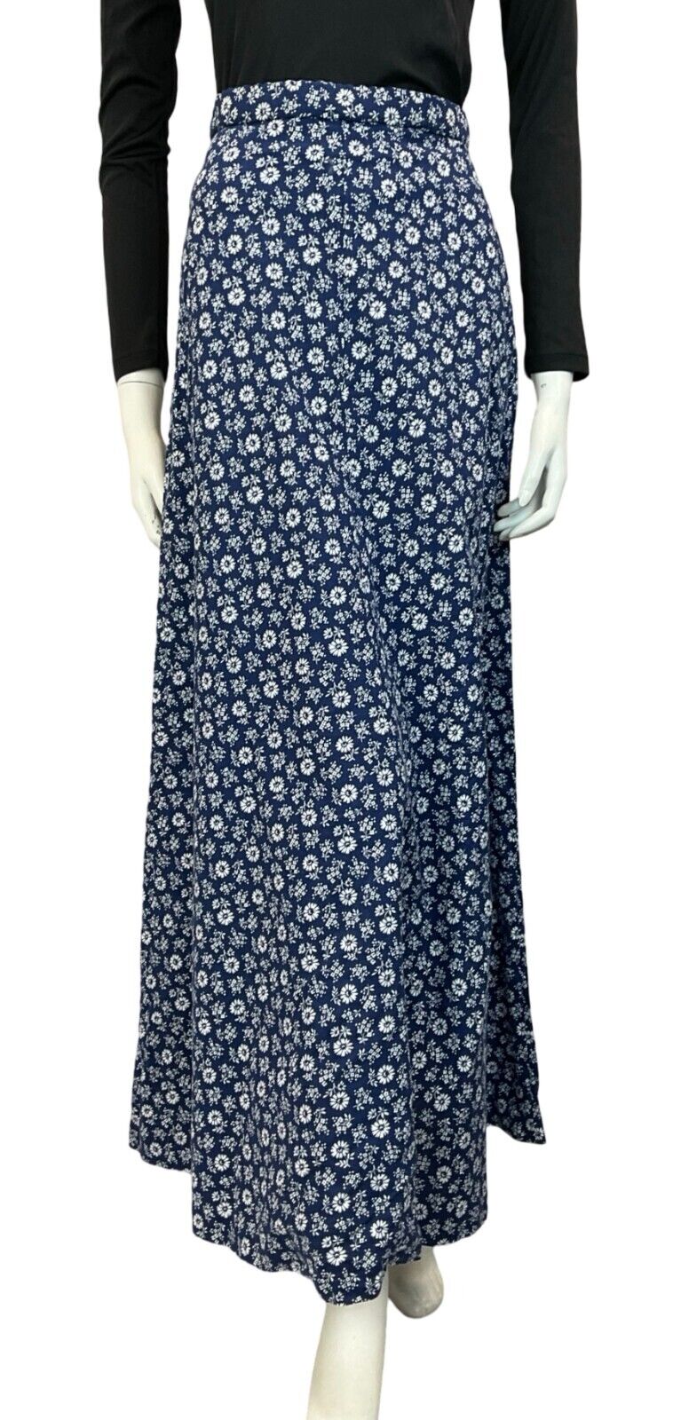 VTG 70S NAVY BLUE WHITE DAINTY FLORAL PATTERNED MAXI SKIRT SIZE 6