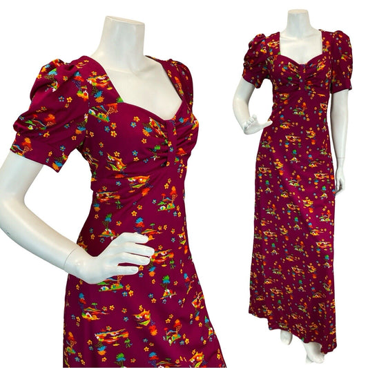 VTG 60S 70S MAGENTA PSYCHEDELIC DAISY NOVELTY PRINT MAXI DRESS 12